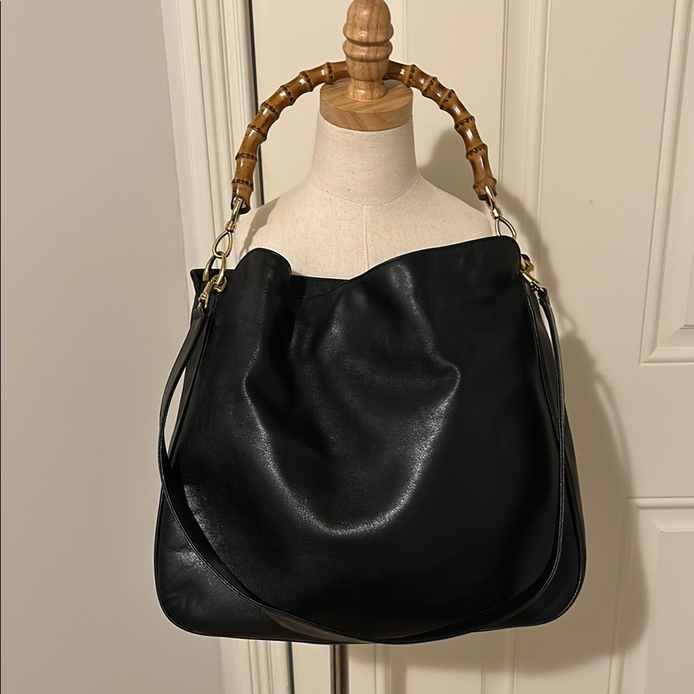 Gucci black leather bamboo handle large shoulder hand bag